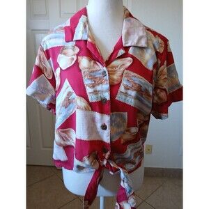 Caribbean Joe Womens Button Up Red Snail Hawaiian Short‎ Sleeve Tie Front Large